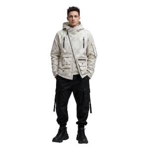 Gorpcore-jas met witte camouflageprint - Urban Ninja Techwear-parka - cyberpunkjas met asymmetrische ritssluiting - camouflagejas heren tactische militaire stijl