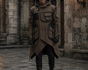 Men’s Brown Black Techwear Poncho Coat, Cyberpunk Tactical Hooded Cloak Jacket, Futuristic Utility Streetwear Outfit, Urban Ninja Fashion