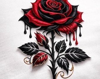 Geborduurde patch met donkere roos - rode en zwarte gotische bloemenborduurwerk - 3D-getextureerde roosappliqué voor jassen