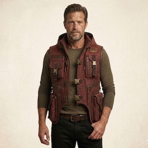 May include: A dark red hooded utility vest featuring multiple cargo pockets, zippered compartments, and bronze-toned buckle closures. The vest is worn over an olive green long-sleeved shirt and black trousers with a brown leather belt.