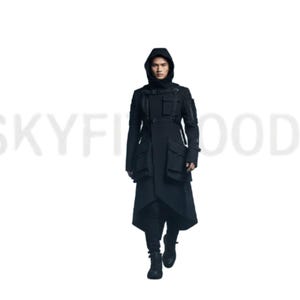 May include: A black hooded coat with multiple pockets and a unique design. The coat has a long length and a tailored fit. The model is wearing black pants and boots. The text "SKYFI GOODS" is visible in the background.