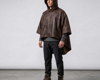 Men's Leather Hooded Poncho, Distressed Gothic Cloak, Handmade Medieval Viking Cape, Post Apocalyptic Darkwear Festival Outfit