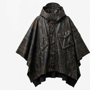 Puede incluir: Un poncho de cuero envejecido de color marrón oscuro con capucha, cierre frontal de botones y múltiples bolsillos utilitarios con solapas y cremalleras. La prenda incluye correas integradas con anillos en D de metal y un dobladillo asimétrico.