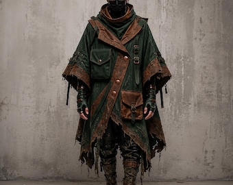 Dark Forest Techwear Poncho Cloak Men, Waxed Hooded Cape, Urban Ninja Jacket, Post Apocalyptic Streetwear, Gothic Warcore