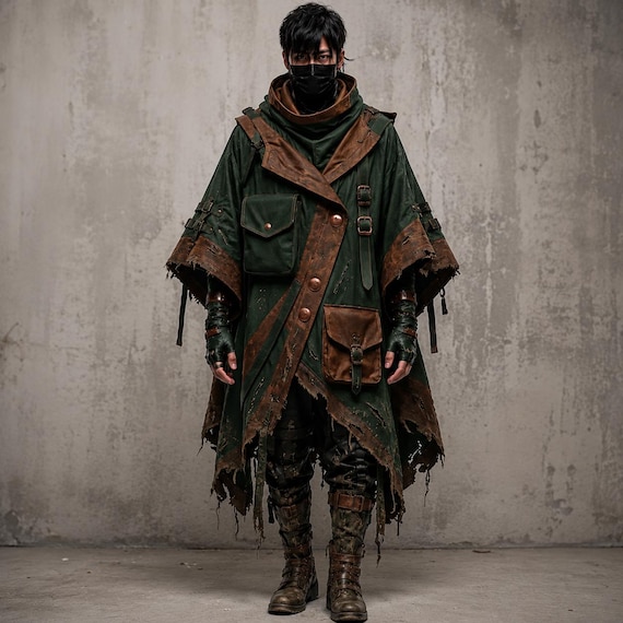 Dark Forest Techwear Poncho Cloak Men, Waxed Hooded Cape, Urban