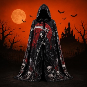May include: A black hooded cloak featuring a graphic print of a grim reaper holding a scythe, surrounded by multiple skulls at the hem. The design includes a large red moon, a dark castle silhouette, and flying bats against an orange background.