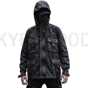 Mens Techwear Jacket Cyberpunk Tactical Hoodie, Distressed Grey Warcore Utility Coat, Urban Streetwear with Modular Cargo Pockets and Straps