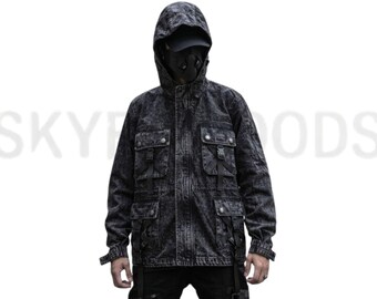 Giacca Techwear da uomo, felpa tattica cyberpunk con cappuccio, cappotto utility warcore grigio effetto invecchiato, streetwear urbano con tasche cargo modulari e cinghie