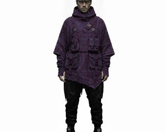 Sudadera con capucha tipo poncho de estilo técnico morado, estilo urbano táctico cyberpunk, sudadera con capucha gótica extragrande, jersey ninja urbano, ropa postapocalíptica.