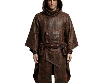 Brun läderponcho med huva, funktionell kappa med fickor, gotisk steampunk-kappa med huva, medeltida ranger-cosplaydräkt