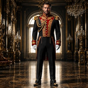 Könnte beinhalten: Ein schwarzer Frack im Militärstil mit roten Einsätzen, aufwendiger goldener Blattstickerei, goldenen Schulterklappen und goldenen Kordelverzierungen. Das Ensemble umfasst eine passende schwarze Hose und schwarze Stiefel mit goldener Kappe.