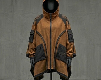 Mantello con cappuccio da uomo marrone in stile cyberpunk techwear, giacca streetwear futuristica e funzionale, cappotto ninja urbano oversize