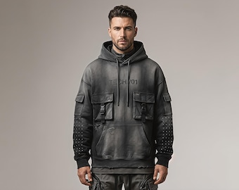Herren Schwarzer Techwear Hoodie, Taktischer Streetwear Cyberpunk Nutzen Hoodie, Streetwear Outfit mit Kapuze
