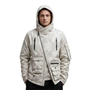 White Camo Gorpcore Jacket - Urban Ninja Techwear Parka - Cyberpunk Asymmetrical Zipper Jacket - Men's Tactical Military Style Camo Jacket