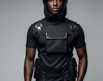 Sweat à capuche techwear avec harnais tactique, chemise fonctionnelle streetwear noire, t-shirt cyberpunk à plusieurs poches, mode gothique urbaine