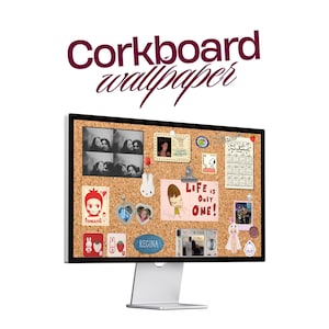 Könnte beinhalten: Ein Computermonitor, der ein Korkwand-Hintergrundbild anzeigt. Die Korkwand ist mit Fotos, Zeichnungen und dekorativen Gegenständen gefüllt. Der Text "Corkboard wallpaper" wird in dunklem Burgunderrot oben auf dem Bildschirm angezeigt.