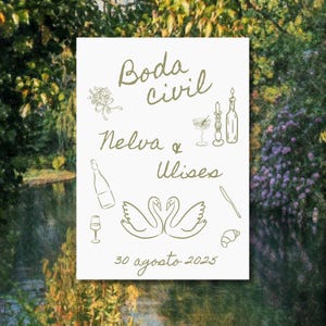 Puede incluir: Una tarjeta de invitación blanca con las palabras "Boda civil" y los nombres "Nelva & Ulises" en un estilo manuscrito. La tarjeta presenta ilustraciones de cisnes, champán y otros elementos relacionados con la boda. La fecha "30 agosto 2025" también está incluida.