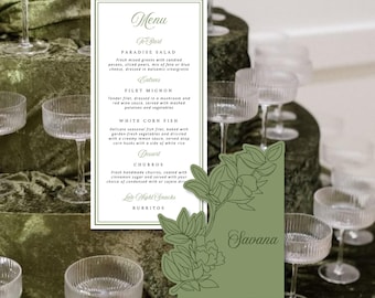 Elegant Wedding Menu and Place Card Template | Editable Canva Wedding Menu | Green Wedding Menu Card | Instant Download