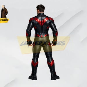 May include: Black and red superhero-style leather suit with a high collar and accents. The suit features red chevron designs on the chest, shoulders, and legs. The suit has a form-fitting design and includes gloves and boots.