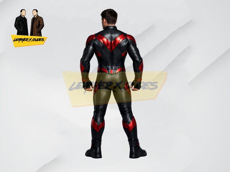 May include: Black and red superhero-style leather suit with a high collar and accents. The suit features red chevron designs on the chest, shoulders, and legs. The suit has a form-fitting design and includes gloves and boots.
