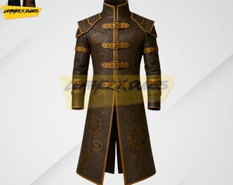 Men Steampunk Leather Long Coat | Victorian Gothic Trench Coat | Vintage Gear Design Jacket | Anime Cosplay Costume |Leather Trench Coat
