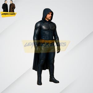 Dark Raven Black & Navy Leather Superhero Cape Suit | Gothic Warlord Raider Jumpsuit | Savage Hooded Vigilante Armor | Ruthless Combat Gear