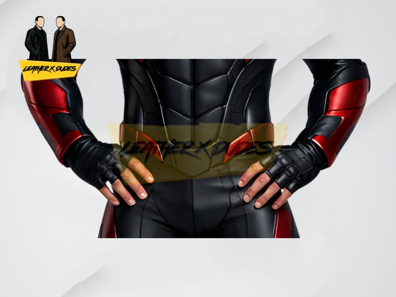 May include: Black and red superhero costume with a segmented design. The costume features black gloves, red accents on the arms, and a gold belt. The image includes the text "LEATHER X DUDES".