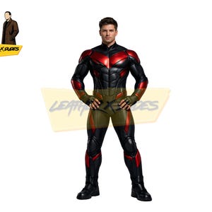 May include: A black and red superhero costume with a high collar, shoulder pads, and gloves. The suit has red accents on the chest, shoulders, and legs. The person is standing with hands on hips.