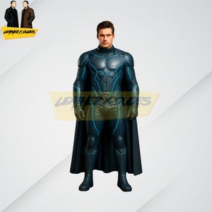 May include: A dark blue superhero costume with neon blue accents and a matching cape. The suit features a detailed design with a utility belt and gloves. The image includes the text "LEATHER X DUDES" in a yellow banner.