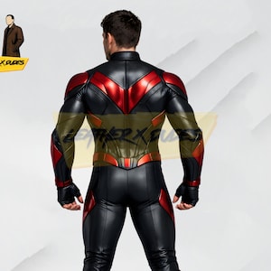May include: Black and red leather bodysuit with a high collar and accents on the shoulders, chest, and arms. The suit features a form-fitting design with a sleek, modern aesthetic. The image includes the text "Leather X Dudes".