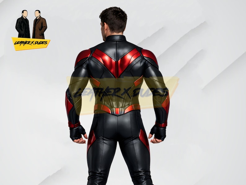 May include: Black and red leather bodysuit with a high collar and accents on the shoulders, chest, and arms. The suit features a form-fitting design with a sleek, modern aesthetic. The image includes the text "Leather X Dudes".