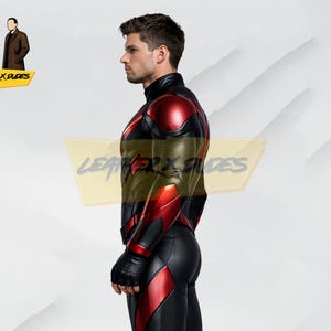 May include: A black and red leather bodysuit with a high collar and gloves. The suit features red accents on the shoulders, arms, and legs. The design includes a sleek, form-fitting silhouette.
