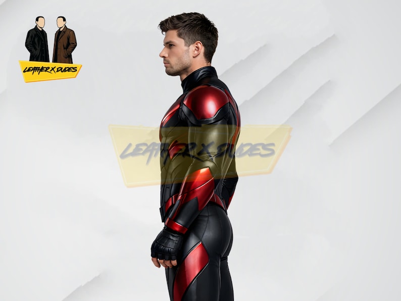 May include: A black and red leather bodysuit with a high collar and gloves. The suit features red accents on the shoulders, arms, and legs. The design includes a sleek, form-fitting silhouette.