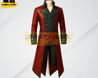 Rot Schwarz Leder Langer Mantel | Gothic Viktorianischer Trenchcoat | Steampunk Cosplay Jacke | Vintage Tailcoat Style Outfit | Handgemachter Mantel
