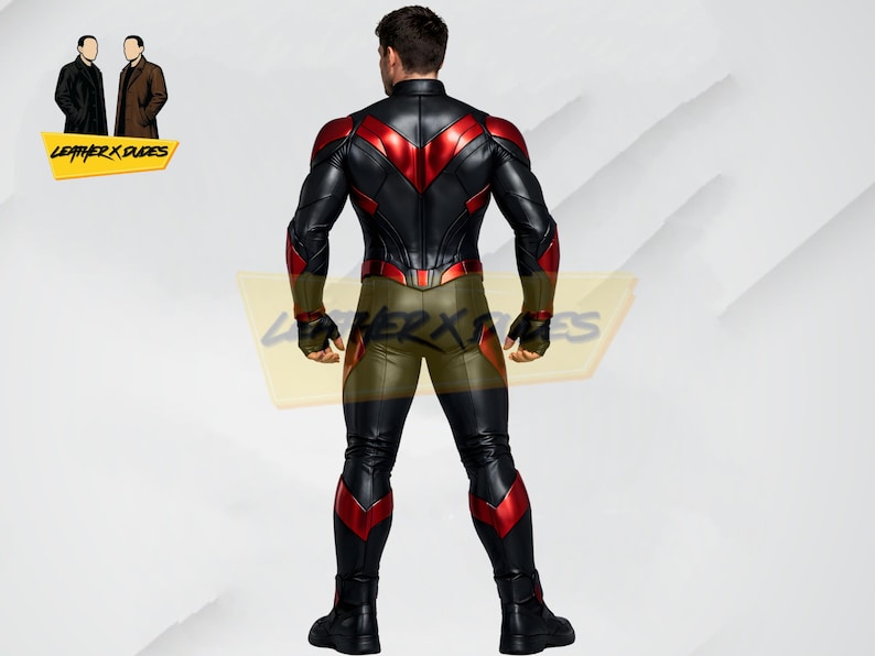 May include: A black and red leather suit with a high collar and a form-fitting design. The suit features red accents on the shoulders, chest, and legs. The model is wearing black gloves and boots. The logo "LEATHER X DUDES" is visible.