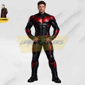 May include: A black and red superhero costume with a high collar, featuring red accents on the shoulders, arms, and legs. The costume includes gloves and boots. The logo "LEATHER X DUDES" is visible in the background.