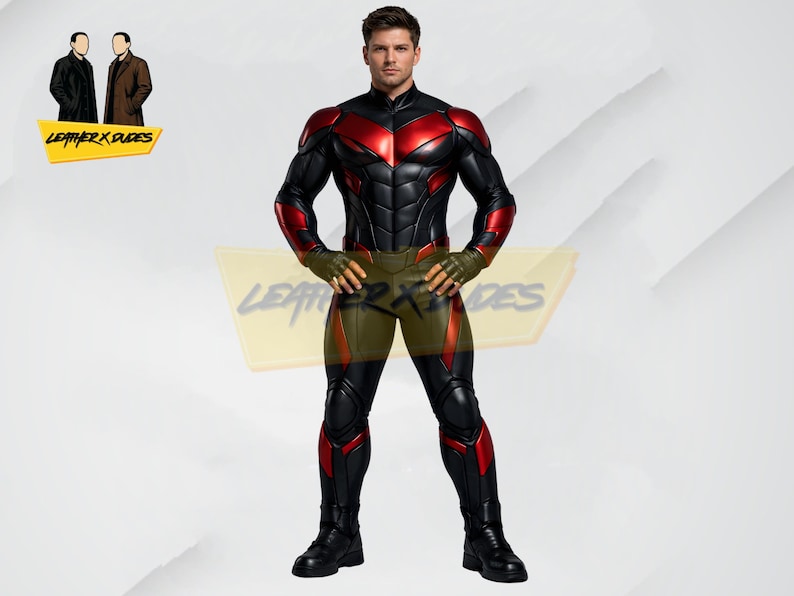 May include: A black and red superhero costume with a high collar, featuring red accents on the shoulders, arms, and legs. The costume includes gloves and boots. The logo "LEATHER X DUDES" is visible in the background.