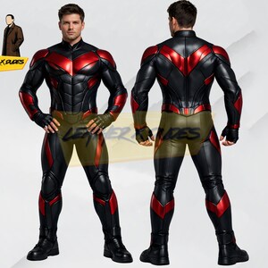 May include: A black and red superhero costume with a high collar, featuring red accents on the shoulders, chest, and legs. The suit has a form-fitting design with a textured appearance. The image shows the front and back of the costume.