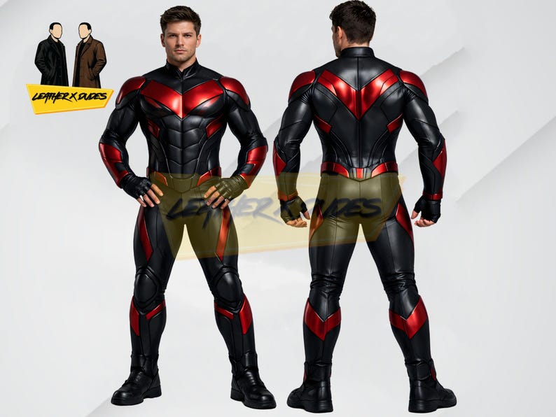 May include: A black and red superhero costume with a high collar, featuring red accents on the shoulders, chest, and legs. The suit has a form-fitting design with a textured appearance. The image shows the front and back of the costume.