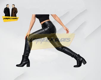 Zweifarbige Schlangenlederhose für Frauen | Hohe Taille Ausgestelltes Hose | Gothic Cyberpunk Mode | Handmade Echt Leder Outfit