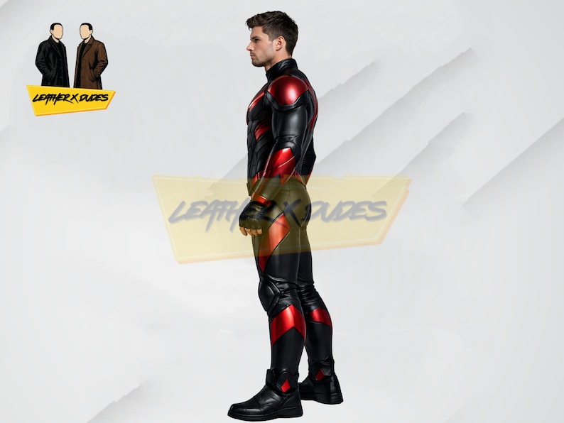 May include: Black and red leather suit with a high collar, featuring red accents on the shoulders, arms, and legs. The suit includes matching boots. The image also shows the Leather x Dudes logo.