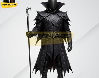May include: A black leather costume with a high collar, shoulder pads, and a long coat. The costume includes gloves, boots, and a belt with a decorative buckle. A black cane with a curved handle is held in the right hand. The costume is designed for cosplay or costume parties.