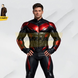 May include: A black and red superhero costume with a muscular design. The suit features red accents on the shoulders, arms, and legs, with a black base. The costume includes gloves and a high collar. The logo "LEATHER X DUDES" is in the upper left corner.