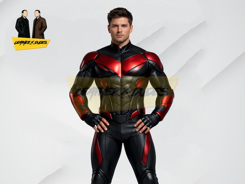 May include: A black and red superhero costume with a muscular design. The suit features red accents on the shoulders, arms, and legs, with a black base. The costume includes gloves and a high collar. The logo "LEATHER X DUDES" is in the upper left corner.