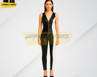 Black White Leather Catsuit Women | Two Tone Leather Jumpsuit | Front Zip Bodysuit | Gothic Cosplay Outfit | Fetish Clubwear Catsuit