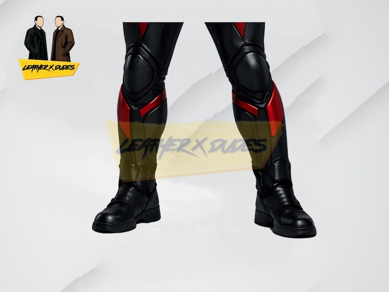 May include: Black leather pants with red accents on the lower legs and knees. The pants have a sleek, form-fitting design and are paired with black boots. The image also includes a logo with two figures and the text "LEATHER X DUDES".