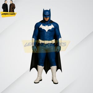 Puede incluir: Traje de Batman azul con un símbolo de murciélago blanco en el pecho. Incluye una capa negra, botas blancas y un cinturón de herramientas. El texto "LEATHERX DUDES" es visible. Vista completa del disfraz.