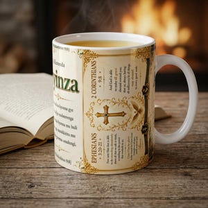 Może przedstawiać: Biały ceramiczny kubek ze złotą ozdobną obwódką, centralną ilustracją krzyża oraz nadrukowanymi wersetami biblijnymi z 2 Listu do Koryntian 9:8 i Listu do Efezjan 3:20-21. Kubek posiada zakrzywione ucho i zawiera jasny płyn.