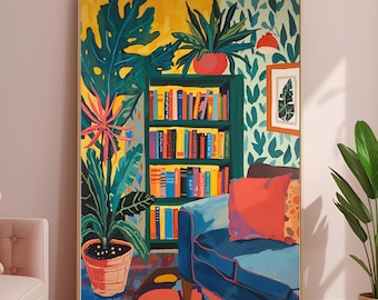 Puede incluir: Una pintura artística de una escena interior con una estantería llena de libros coloridos, un sofá azul con cojines naranjas y plantas en macetas. La obra de arte tiene una combinación de colores amarillo y verde, con un fondo rosa claro.