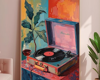 May include: An artwork shows a vintage record player with a vinyl record, a glass of red wine, and a potted plant. The record player is red and blue, with gold accents. The background features vibrant colours.